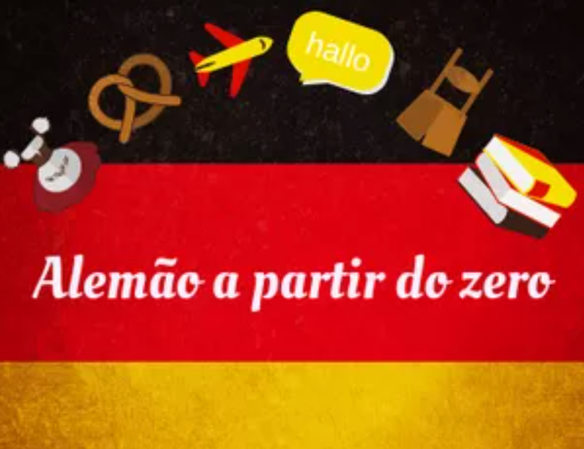 Estudante sorridente com livro de Alemão A1, fones de ouvido e computador com interface de curso online.