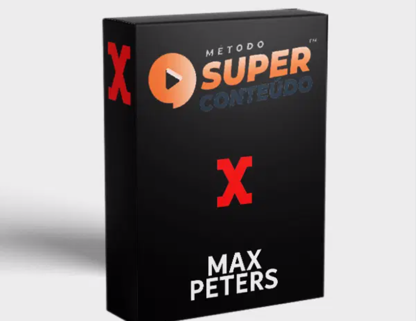 Método Super Conteúdo Max Peters: Logo do curso com elementos de sucesso financeiro e digital.