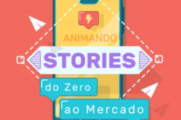 Imagem de um laptop exibindo animações dinâmicas de Stories do Instagram criadas com o curso Yogo Motion, com ícones de redes sociais ao redor.