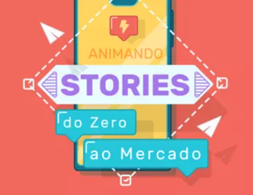 Imagem de um laptop exibindo animações dinâmicas de Stories do Instagram criadas com o curso Yogo Motion, com ícones de redes sociais ao redor.