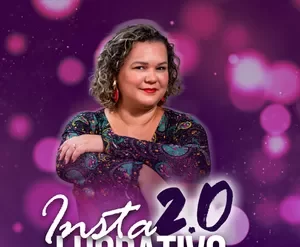 Homem sorrindo confiante, segurando um celular com o logo do Instagram e gráficos de vendas subindo. Fundo vibrante e moderno.