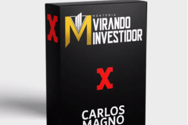 Carlos Magno em pose de sucesso, rodeado por gráficos de ações e símbolos de dinheiro, com o logo da Mentoria Virando Investidor (MVI) em destaque.