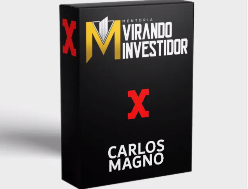 Carlos Magno em pose de sucesso, rodeado por gráficos de ações e símbolos de dinheiro, com o logo da Mentoria Virando Investidor (MVI) em destaque.