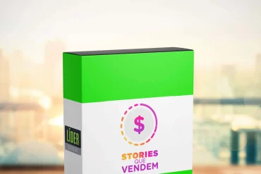 Capa do curso 'Stories que Vendem' de Fernando Augusto em formato digital, com ícones de vendas e engajamento, em um fundo vibrante que remete ao Instagram.