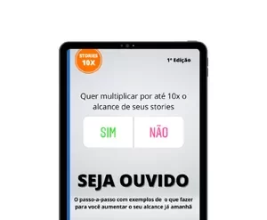 Homem sorrindo mostrando celular com gráficos de alcance de Stories 10x