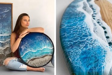 Pessoa trabalhando com resina epóxi, criando peças decorativas e joias artesanais.