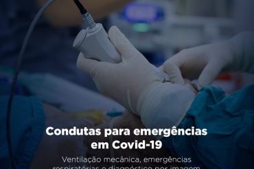 Estetoscópio sobre um livro aberto com o título "Medcel: Condutas Emergenciais COVID-19"