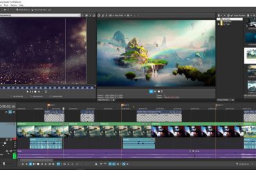 Tela do software Vegas Pro exibindo interface de edição de vídeo com timeline e arquivos multimídia.