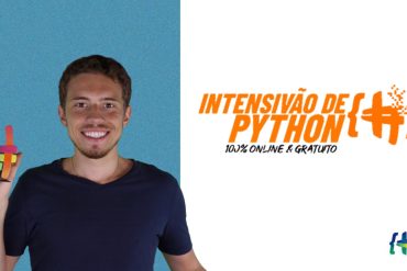 Estudante focado assistindo ao Intensivão Python da Hashtag Treinamentos em um laptop moderno, com gráficos de análise de dados flutuando ao redor.